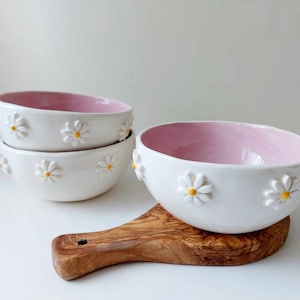 Pink handmade bowl with daises,  ceramic tableware