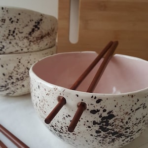 Pink Speckled Pottery bowl Bowl with chopsticks Kitchen tableware Handmade bowls Ramen bowl Pink speckled ceramic bowl image 7