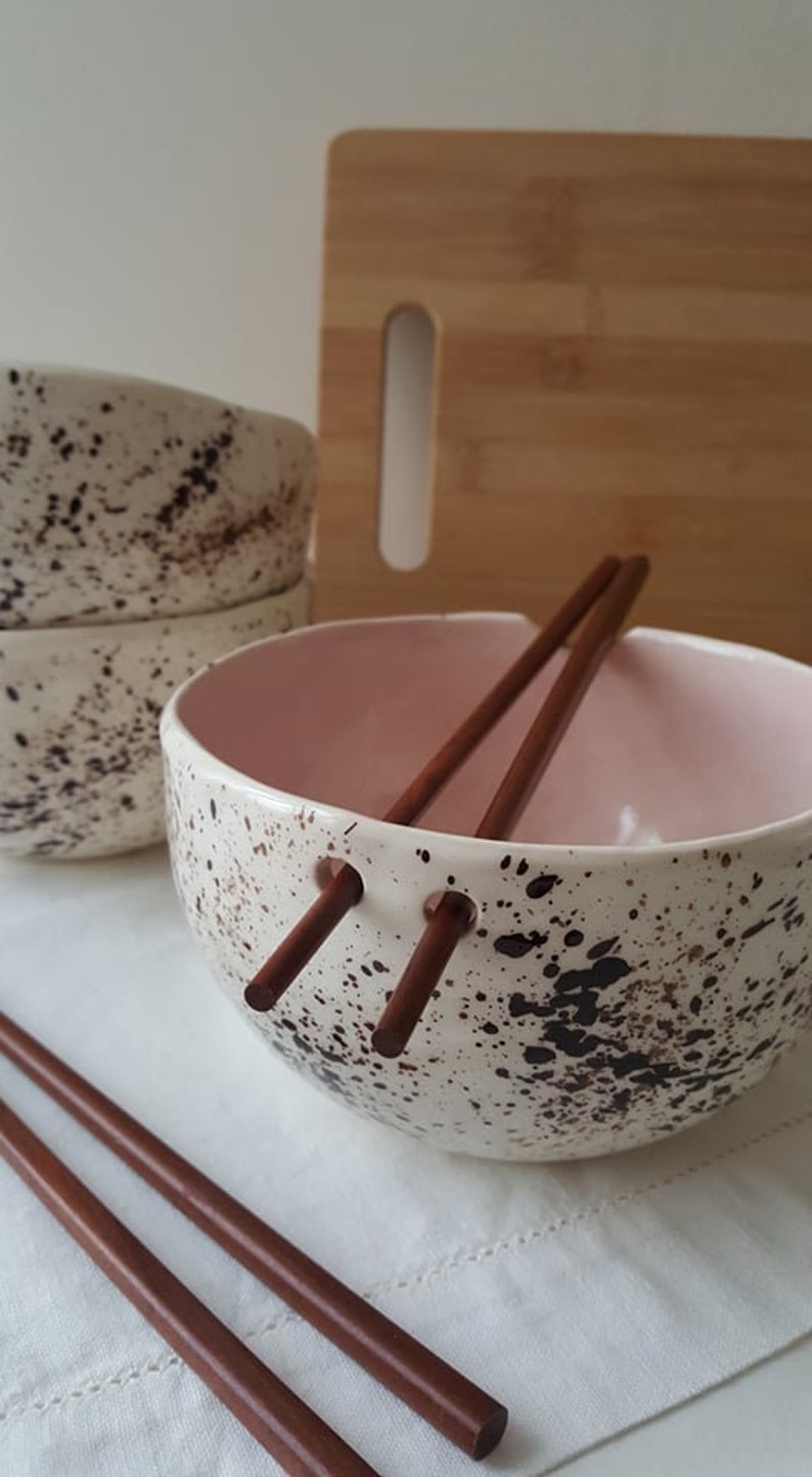 Pink Speckled Pottery bowl Bowl with chopsticks Kitchen tableware Handmade bowls Ramen bowl Pink speckled ceramic bowl image 7