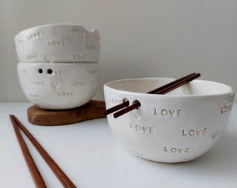 LOVE bowl, Ceramic noodle bowl with chopsticks, Handmade pottery, Tableware