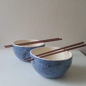 Blue Speckled ramen bowl with chopsticks, Kitchen tableware, Handmade bowls, Blue Ceramic dish image 10