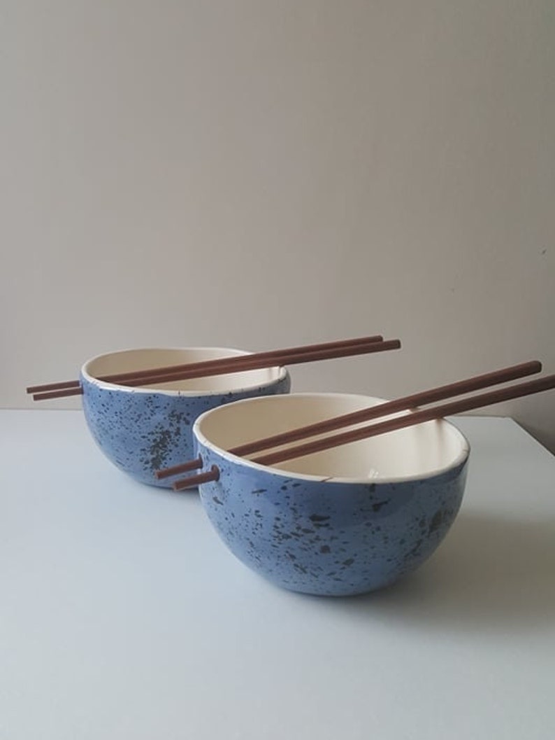 Blue Speckled ramen bowl with chopsticks, Kitchen tableware, Handmade bowls, Blue Ceramic dish image 10