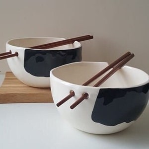 Ramen noodle bowl, Black and White pottery bowl, Ceramic bowl with chopsticks