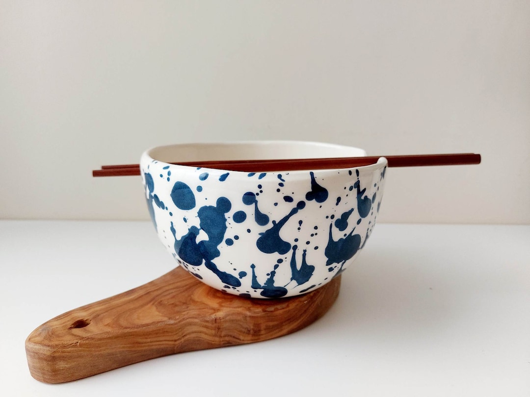 Handmade Ceramic Noodle Bowl With Chopsticks, Blue Splashed Pottery