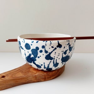 Handmade ceramic noodle bowl with chopsticks, Blue splashed pottery bowl, Ramen bowl