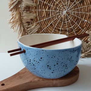 Blue Speckled ramen bowl with chopsticks, Kitchen tableware, Handmade bowls, Blue Ceramic dish image 1