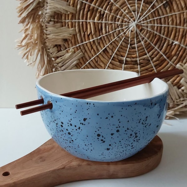 Blue Speckled ramen bowl with chopsticks, Kitchen tableware, Handmade bowls, Blue Ceramic dish