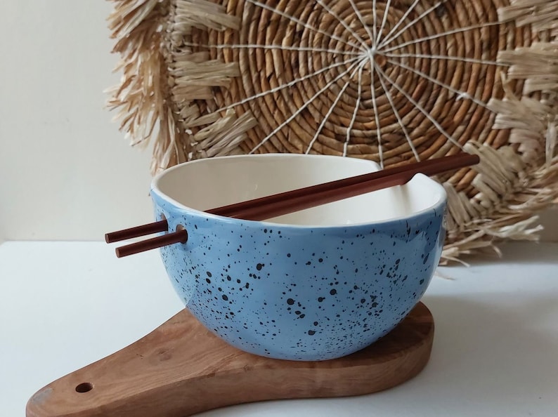 Blue Speckled ramen bowl with chopsticks, Kitchen tableware, Handmade bowls, Blue Ceramic dish image 1