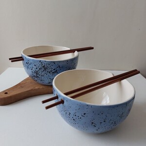 Blue Speckled ramen bowl with chopsticks, Kitchen tableware, Handmade bowls, Blue Ceramic dish image 5