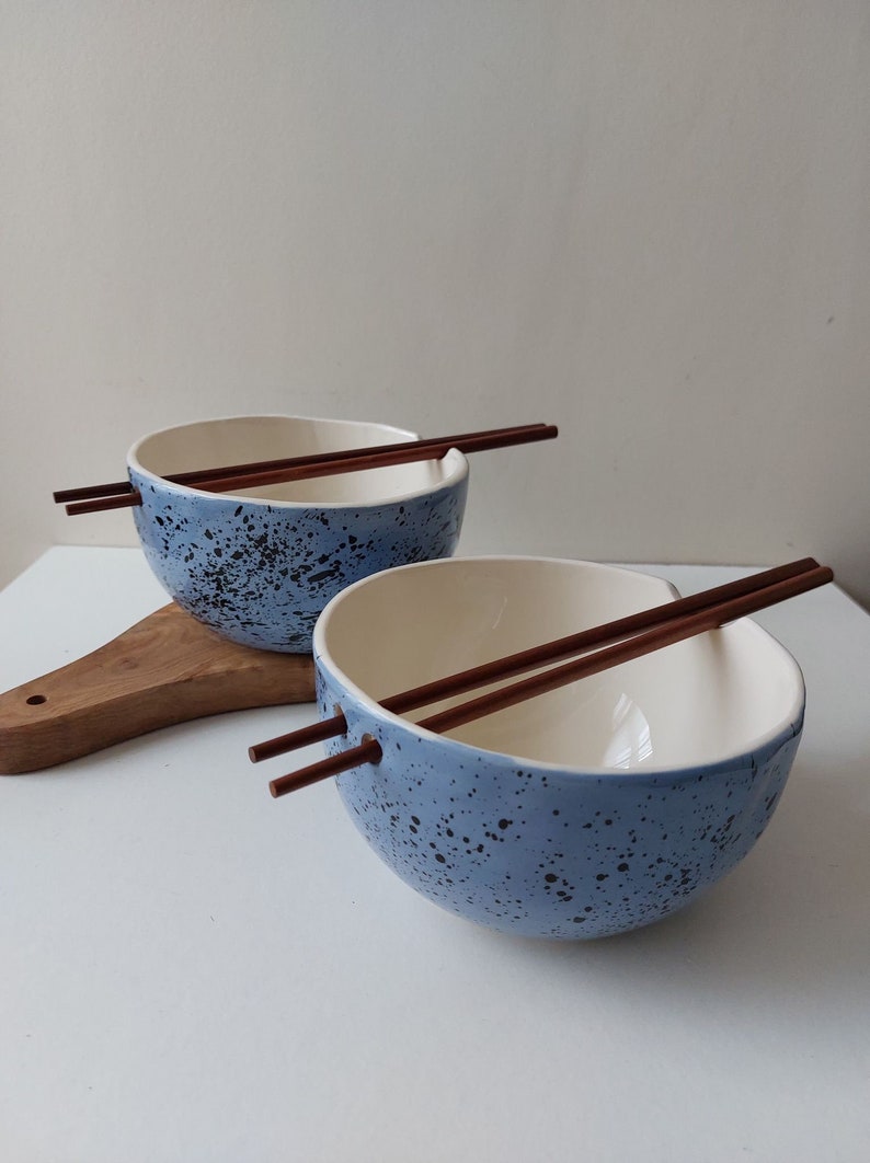 Blue Speckled ramen bowl with chopsticks, Kitchen tableware, Handmade bowls, Blue Ceramic dish image 5