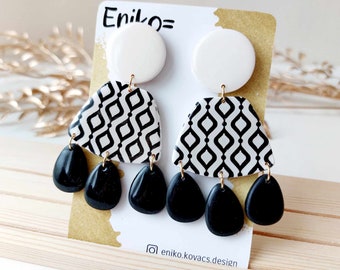 Black and white handmade dangle earrings, Statement earrings, Polymer clay earrings