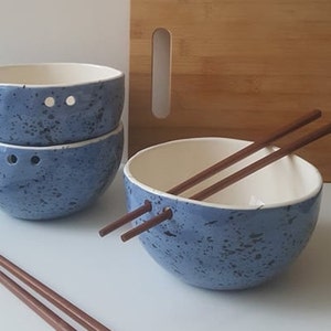 Blue Speckled ramen bowl with chopsticks, Kitchen tableware, Handmade bowls, Blue Ceramic dish image 6