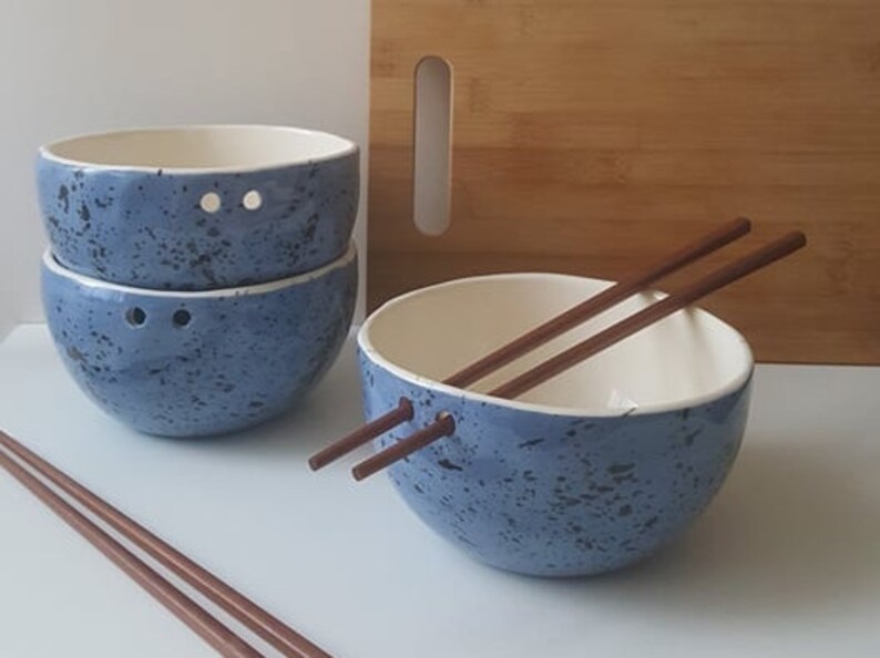 Blue Speckled ramen bowl with chopsticks, Kitchen tableware, Handmade bowls, Blue Ceramic dish image 6