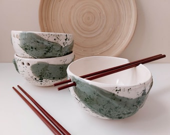 Handmade green noodle bowl with chopsticks, Pottery bowl, Ramen bowl