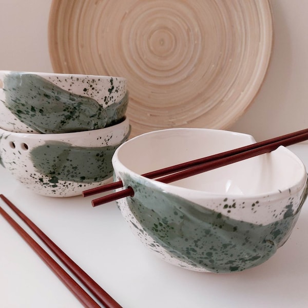 Handmade green noodle bowl with chopsticks, Pottery bowl, Ramen bowl