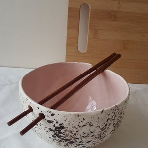 Pink Speckled Pottery bowl Bowl with chopsticks Kitchen tableware Handmade bowls Ramen bowl Pink speckled ceramic bowl image 5