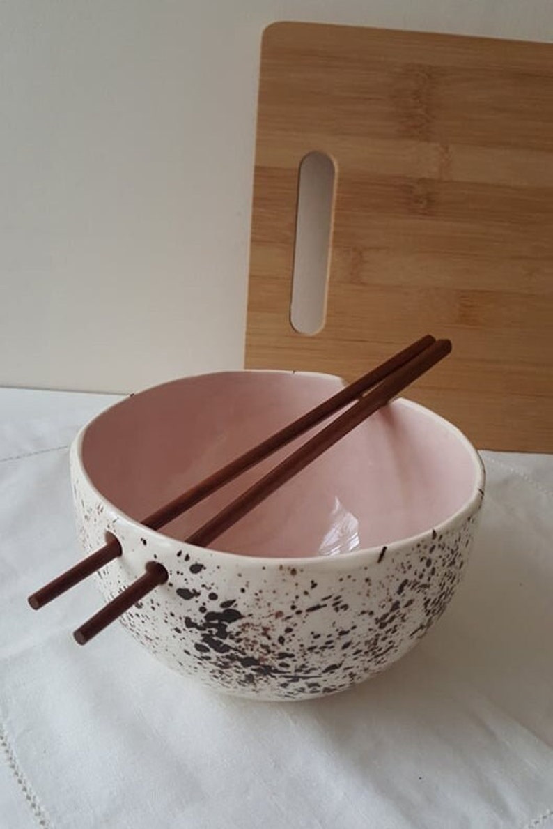 Pink Speckled Pottery bowl Bowl with chopsticks Kitchen tableware Handmade bowls Ramen bowl Pink speckled ceramic bowl image 5