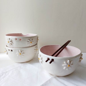 Pink floral ramen bowl, Ceramic bowl, Noodle bowl image 2