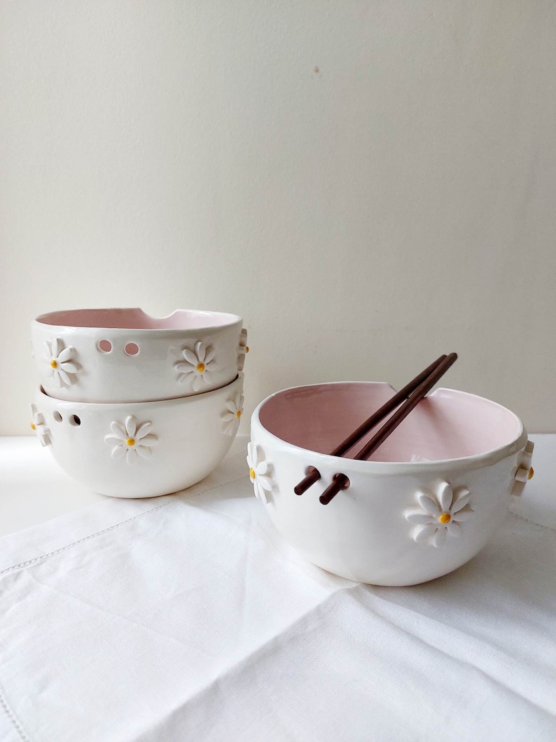 Pink floral ramen bowl, Ceramic bowl, Noodle bowl image 2