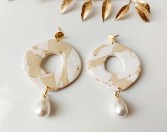 Doughnat earring with pearl, Handmade Polymer earring, Large dangle earring