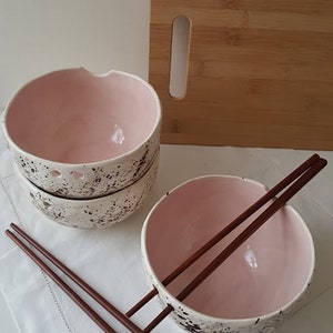 Pink Speckled Pottery bowl Bowl with chopsticks Kitchen tableware Handmade bowls Ramen bowl Pink speckled ceramic bowl image 6