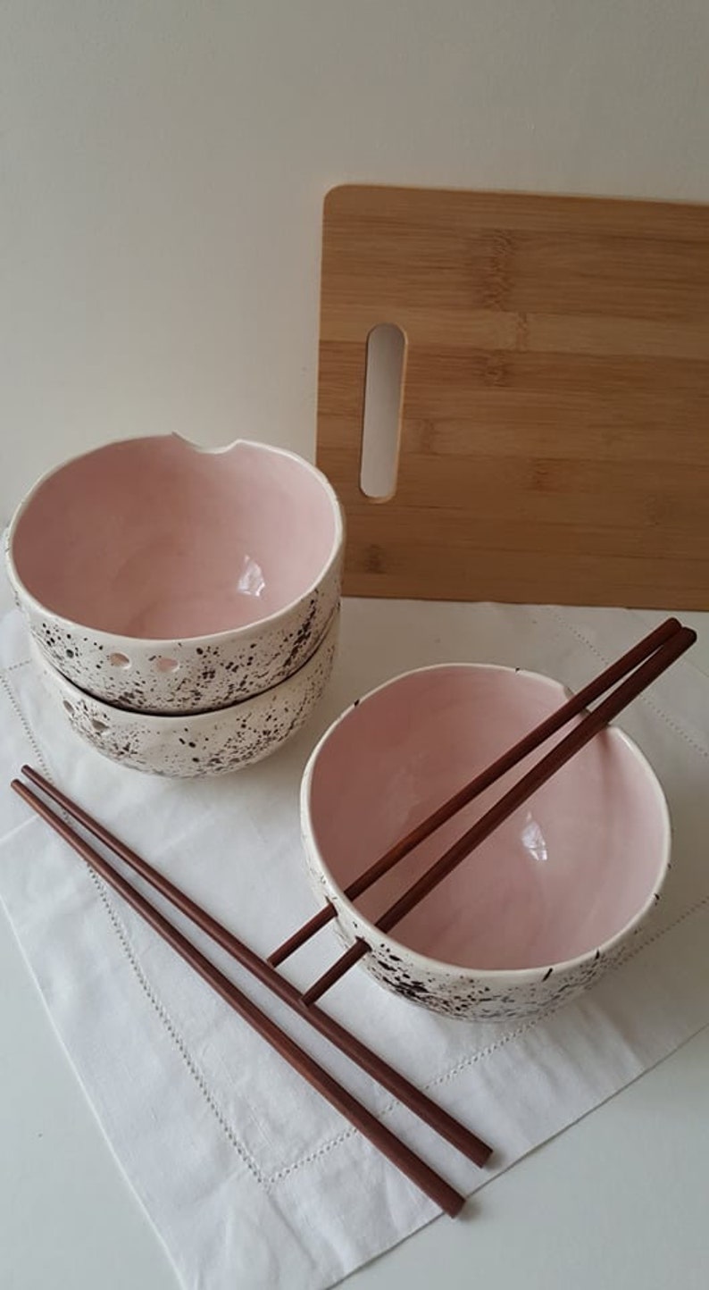 Pink Speckled Pottery bowl Bowl with chopsticks Kitchen tableware Handmade bowls Ramen bowl Pink speckled ceramic bowl image 6