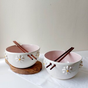 Pink floral ramen bowl, Ceramic bowl, Noodle bowl image 8