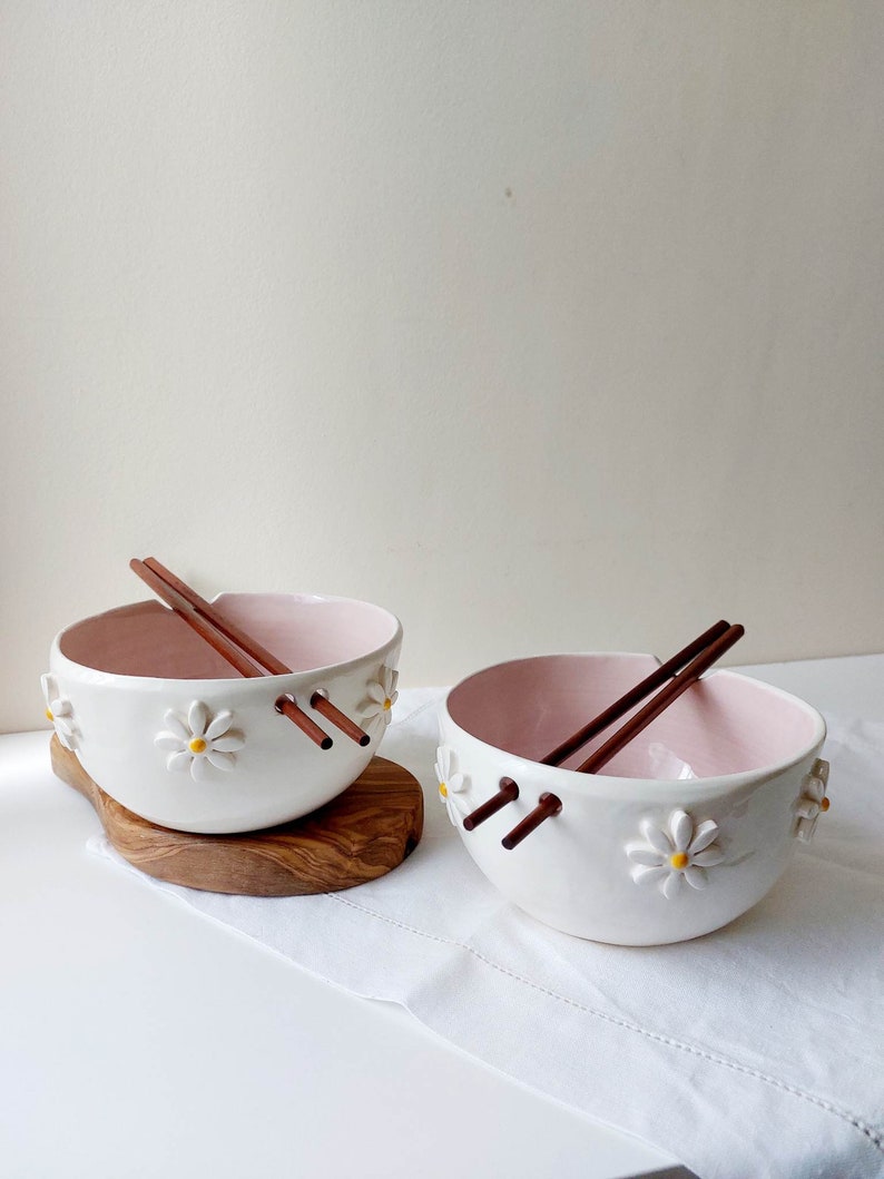 Pink floral ramen bowl, Ceramic bowl, Noodle bowl image 8