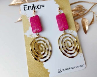 Gold plated dangle earrings with pink clay, Handmade jewellery