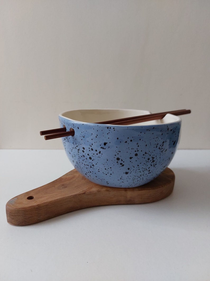 Blue Speckled ramen bowl with chopsticks, Kitchen tableware, Handmade bowls, Blue Ceramic dish image 4