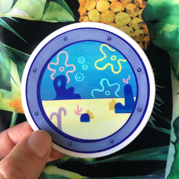 SpongeBob Themed Bikini Bottom Window Sticker, Window Porthole, Water Bottle Sticker Laptop Stickers Decal Small Gifts Dimensions 3" x 3"
