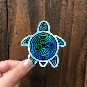 Hawaiian Green Sea Turtle (Honu) Holographic Sticker, Sun, waves pattern, Bottle Sticker Dimensions 3&quot; x 2.94&quot;