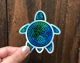 Holographic Hawaiian Sea Turtle Sticker: Honu with Sun & Waves 3" x 2.94"