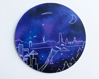 San Francisco Bay Area Midnight Skyline, Galaxy Stars Sticker, Waterproof Outdoor Vinyl 3" x 3"