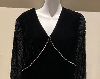 Vintage Black Velvet Maxi Dress with Diamante trim / Small.