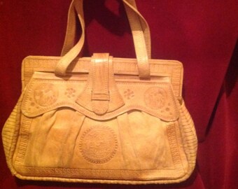 Vintage Tooled Tan Leather Ladies Handbag / Double Top Handles