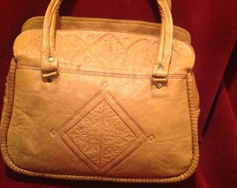 Vintage Tooled Tan Leather Handbag / Doubled Handle