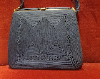 1940s- 50s Navy Blue CORDE’ Handbag - purse / 40s -50s Navy blue Corde’ Top handle Handbag / Purse
