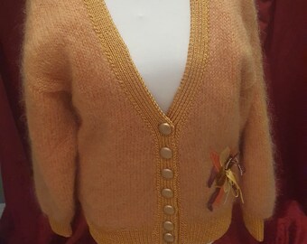 Cárdigan vintage de mohair para mujer / Cárdigan vintage de mohair amarillo-mostaza