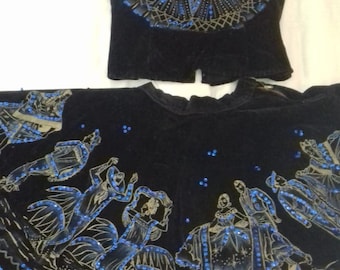1950s Vintage Mexican Beaded Velvet Skirt and Top/ RARE RARE 50s Mexican Velvet Novelty Skirt and Top(suit)/ Hand painted Rare Top and Skirt