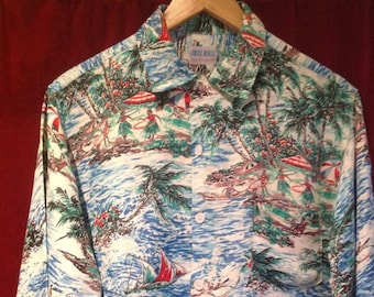 Camisa hawaiana de seda pintada a mano original vintage rara de los años 40/50/etiqueta - PALL MALL Camisa hawaiana de seda pintada a mano/rara de los años 40