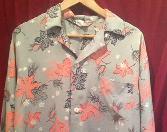 Camisa hawaiana de seda con estampado de hojas, manga larga, años 40 y 50, rara, estilo vintage, marca Manhattan. Camisa hawaiana de seda, años 40 y 50, rara.