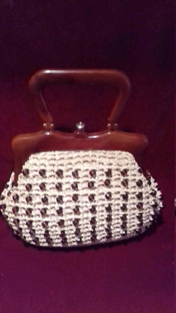 1950s Small Raffia beaded Ladies Handbag with Bro… - image 2