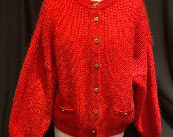 Cardigan en mohair rouge / Label - St Michael fabriqué au Royaume-Uni / cardigan boutonné en mohair vintage