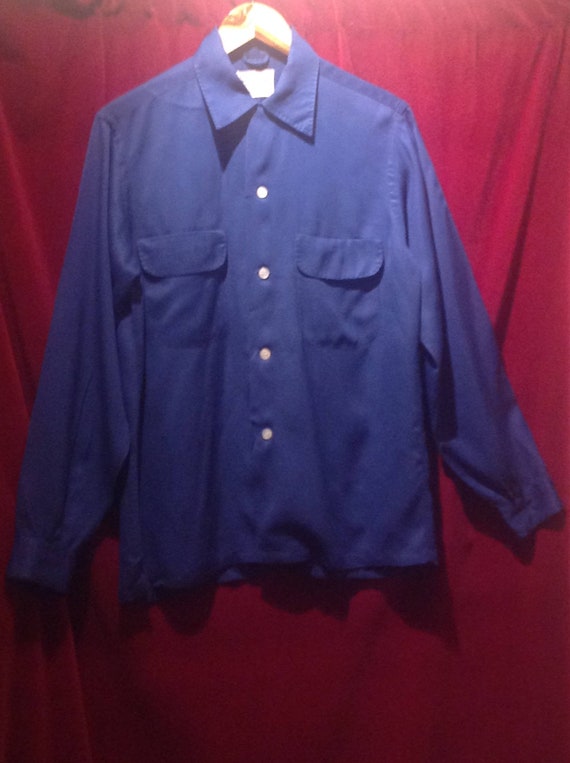 1950s Gaberdine Shirt / Navy Blue loop collar gabe