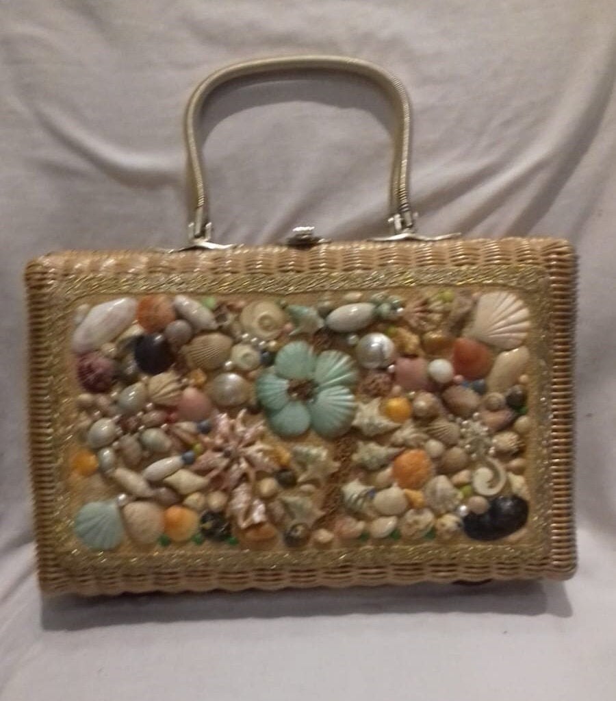 1950‘s british GPO bag 1950s Rare Large Shell Basket Bag / 1950s Decorative Shell
