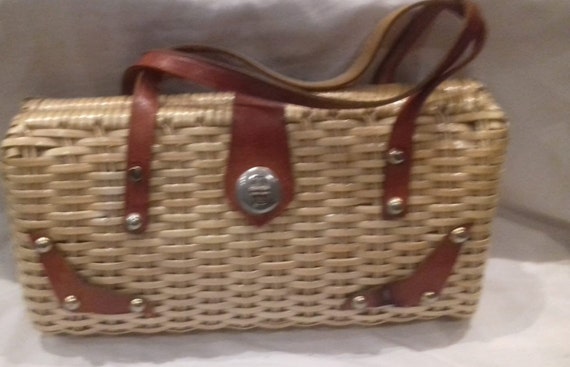 1950s Basket Bag / 50s wicker and leather Handbag… - image 10