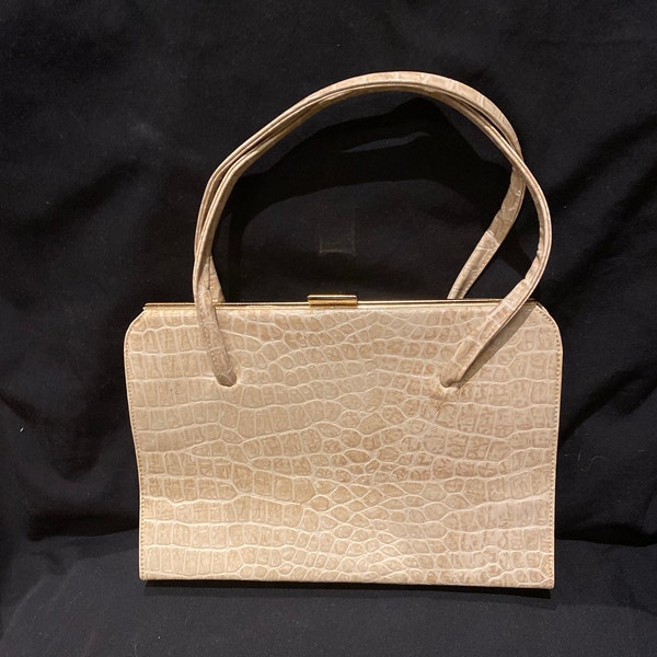 Jaren '60 Vintage Mock Croc crème handtas - portemonnee / Beige handtas met dubbele riem aan de bovenkant