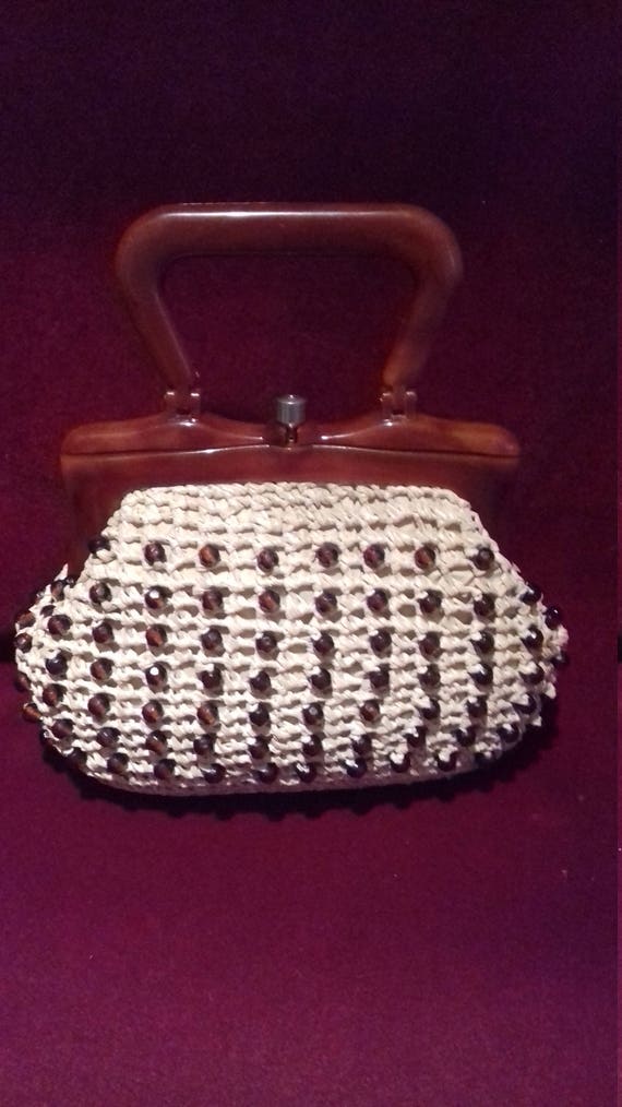 1950s Small Raffia beaded Ladies Handbag with Bro… - image 3