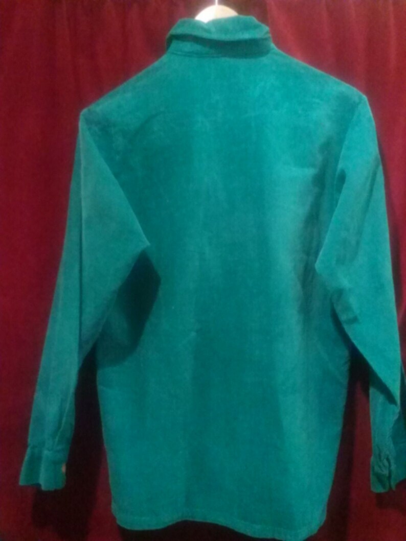 May include: A teal long-sleeved shirt with a button-up collar.